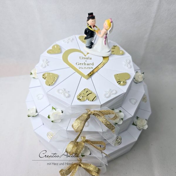 Schachteltorte mit Perlendekor - 3-stöckig - Geldgeschenkverpackung WEISS-GOLD